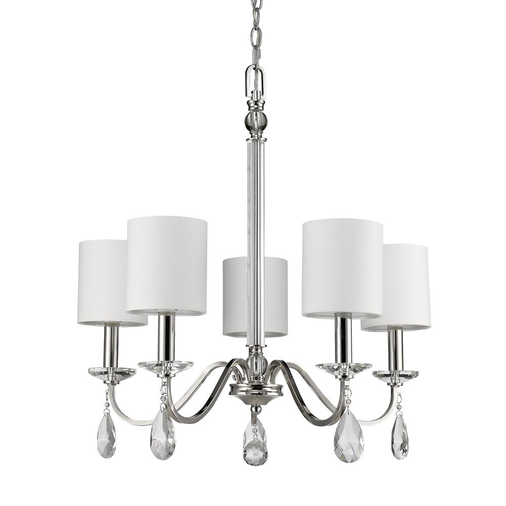 HomeRoots Lily 5-Light Polished Nickel Chandelier With Fabric Shades And Crystal Accents