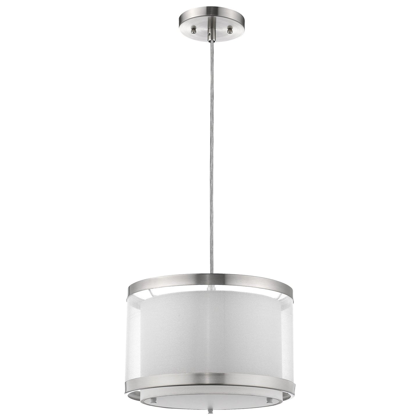 HomeRoots Lux 1-Light Pendant With Metal Trimmed Sheer Snow Shantung Two Tier Shade and Brushed Nickel Finish