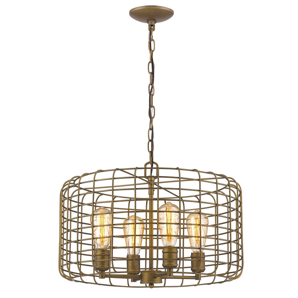 HomeRoots Lynden 4-Light Drum Pendant With Wire Cage Shade in Raw Brass Finish