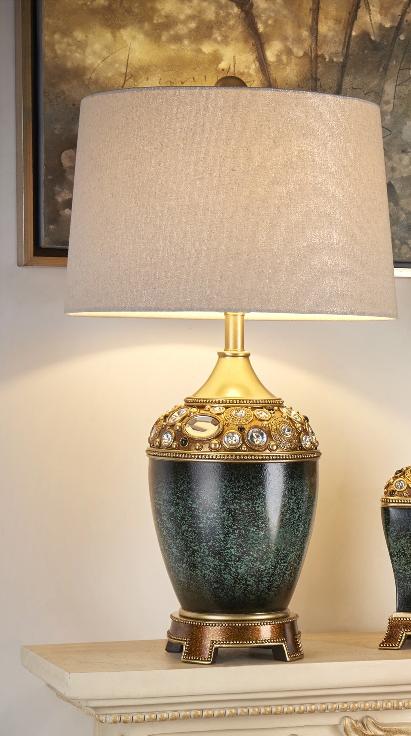 HomeRoots Marble Footed Table Lamp With Gold Accents and Green Finish