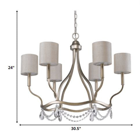 HomeRoots Margaret 6-Light Chandelier With Fabric Shades And Crystal Accents in Washed Gold Finish