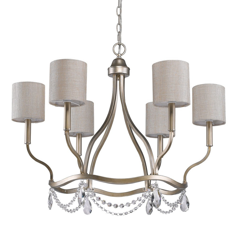 HomeRoots Margaret 6-Light Chandelier With Fabric Shades And Crystal Accents in Washed Gold Finish