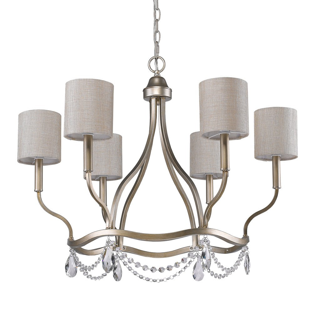 HomeRoots Margaret 6-Light Chandelier With Fabric Shades And Crystal Accents in Washed Gold Finish