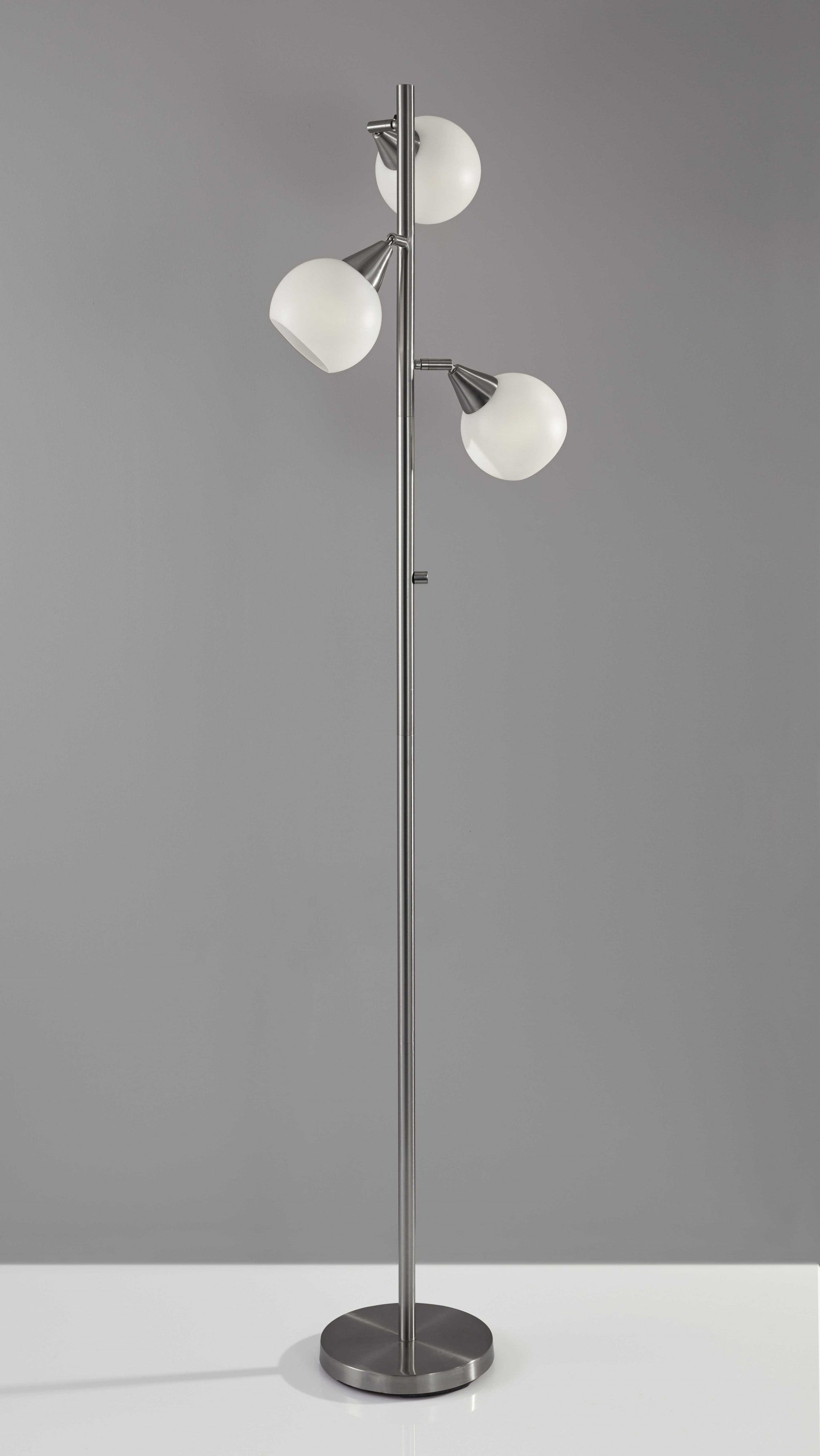 HomeRoots Metal Floor Lamp With Three Adjustable Globes in Brushed Steel Finish