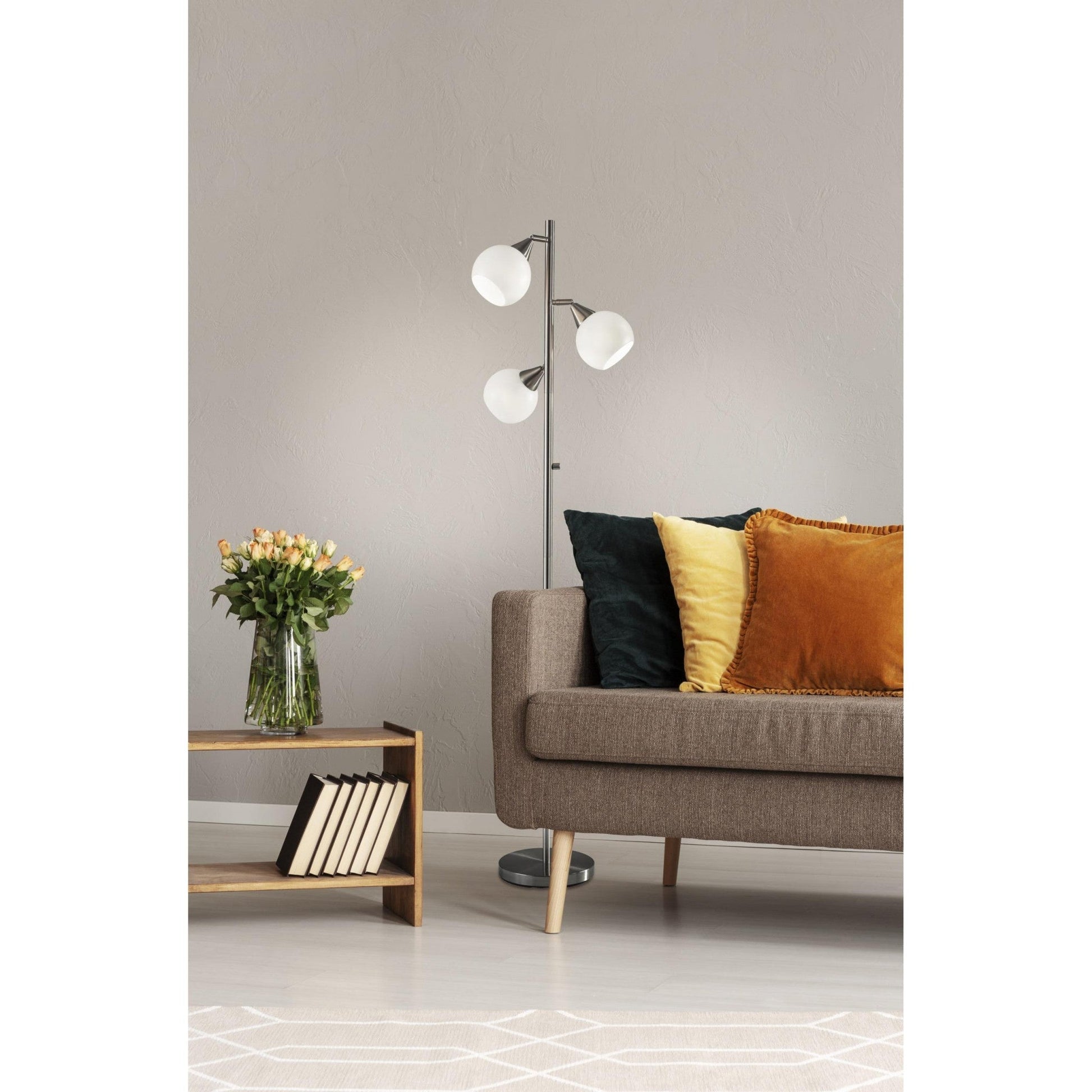 HomeRoots Metal Floor Lamp With Three Adjustable Globes in Brushed Steel Finish