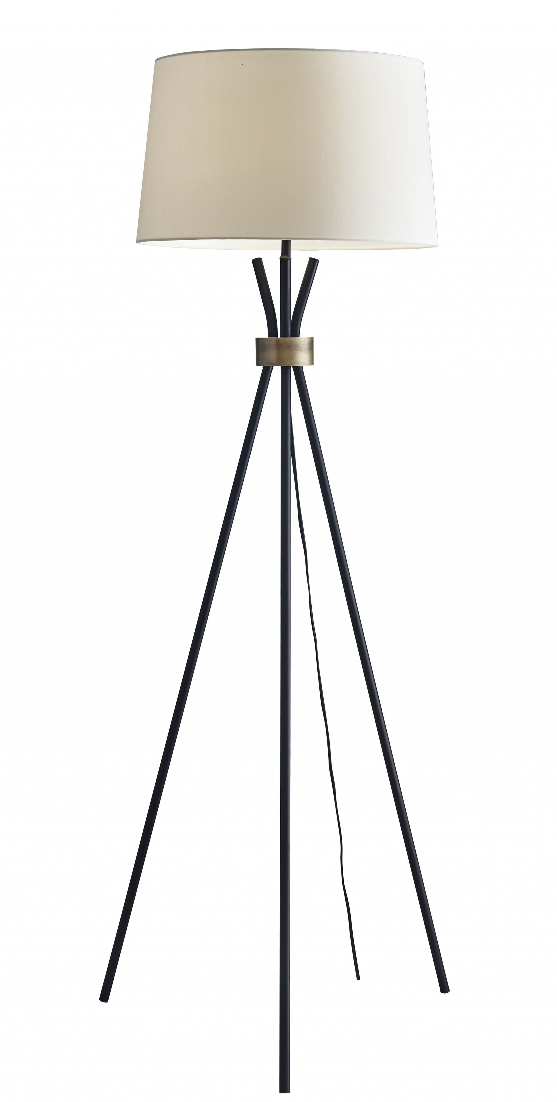 HomeRoots Metal Floor Lamp With Tripod Leg and Antique Brass Accent in Black Finish