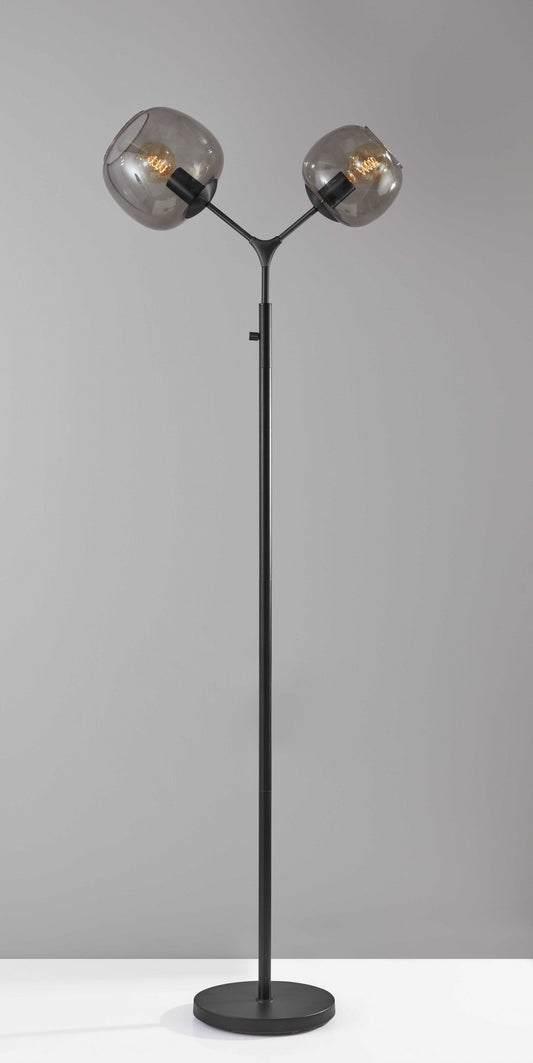 HomeRoots Metal Floor Lamp With Two Smoked Glass Globe Shades and Vintage Edison Bulbs in Matte Black Finish
