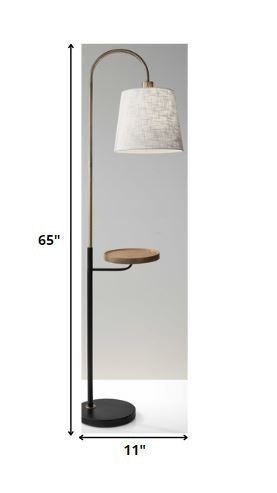 HomeRoots Metal Floor Lamp With USB Charging Station Wood Shelf in Antique Brass and Black Finish