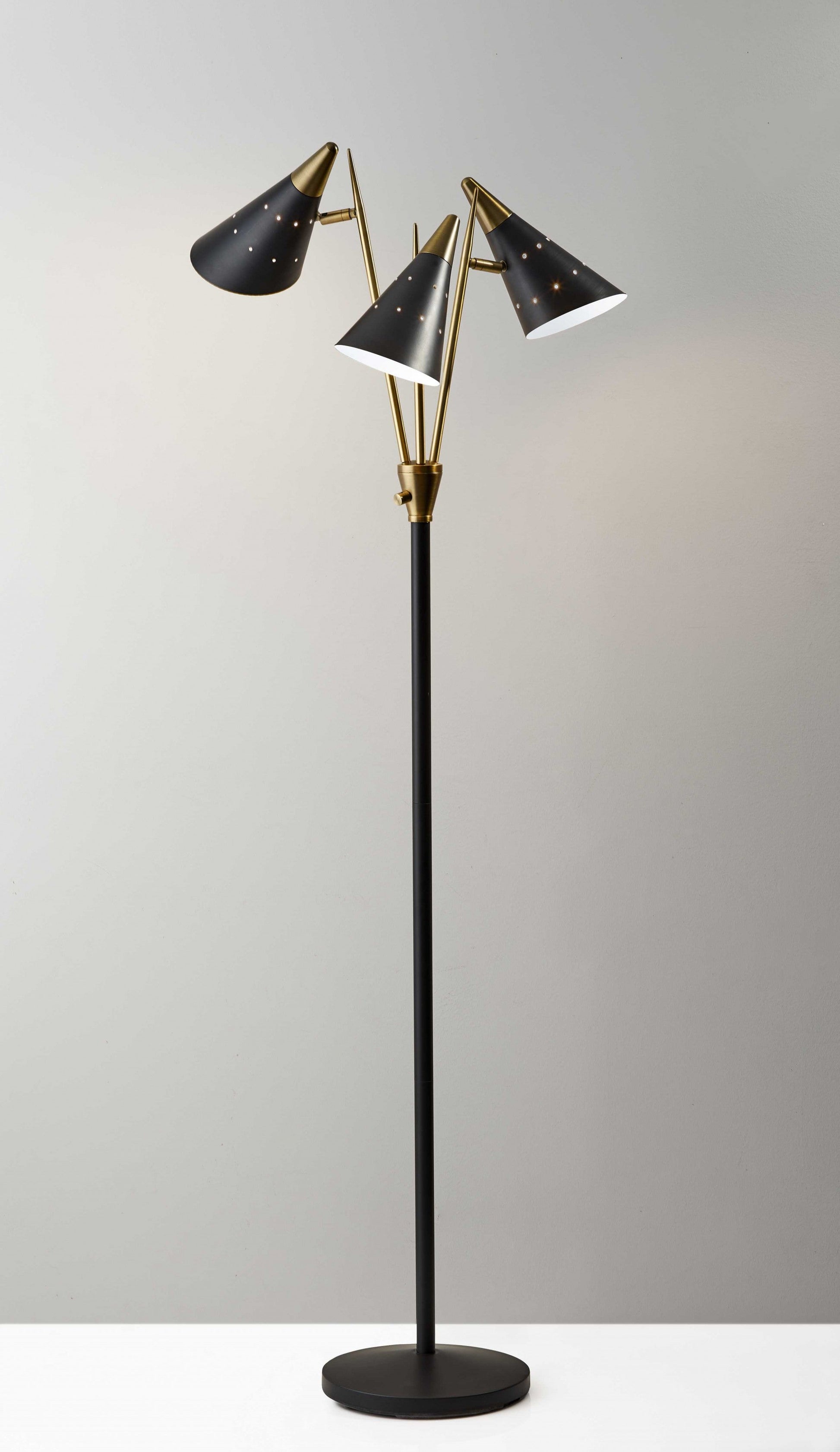 HomeRoots Metal Floor Lamp with Three Adjustable Antique Brass Accented Cone Shades in Black Finish