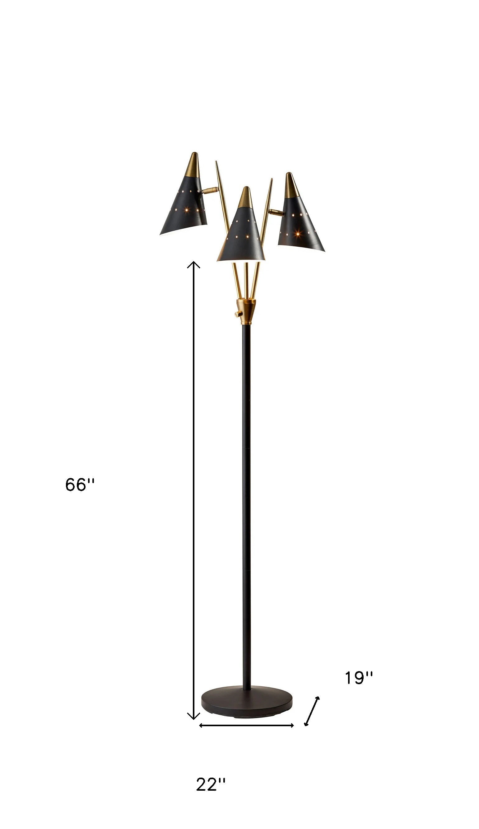 HomeRoots Metal Floor Lamp with Three Adjustable Antique Brass Accented Cone Shades in Black Finish