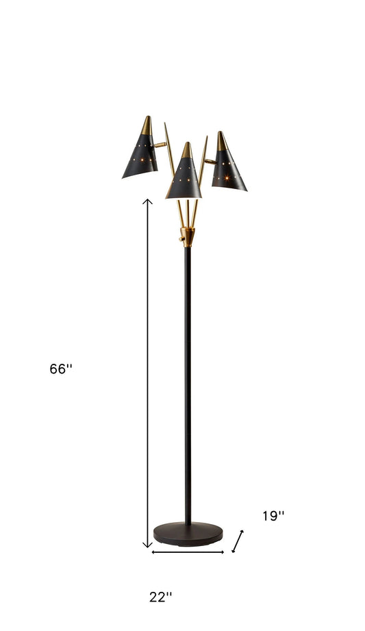 HomeRoots Metal Floor Lamp with Three Adjustable Antique Brass Accented Cone Shades in Black Finish