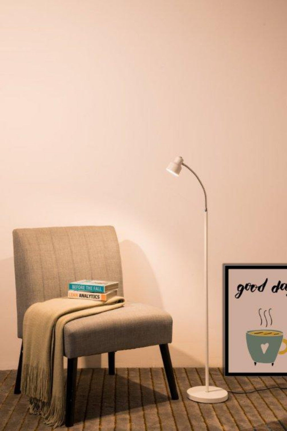 HomeRoots Metal Gooseneck Floor Lamp With White and Silver Finish