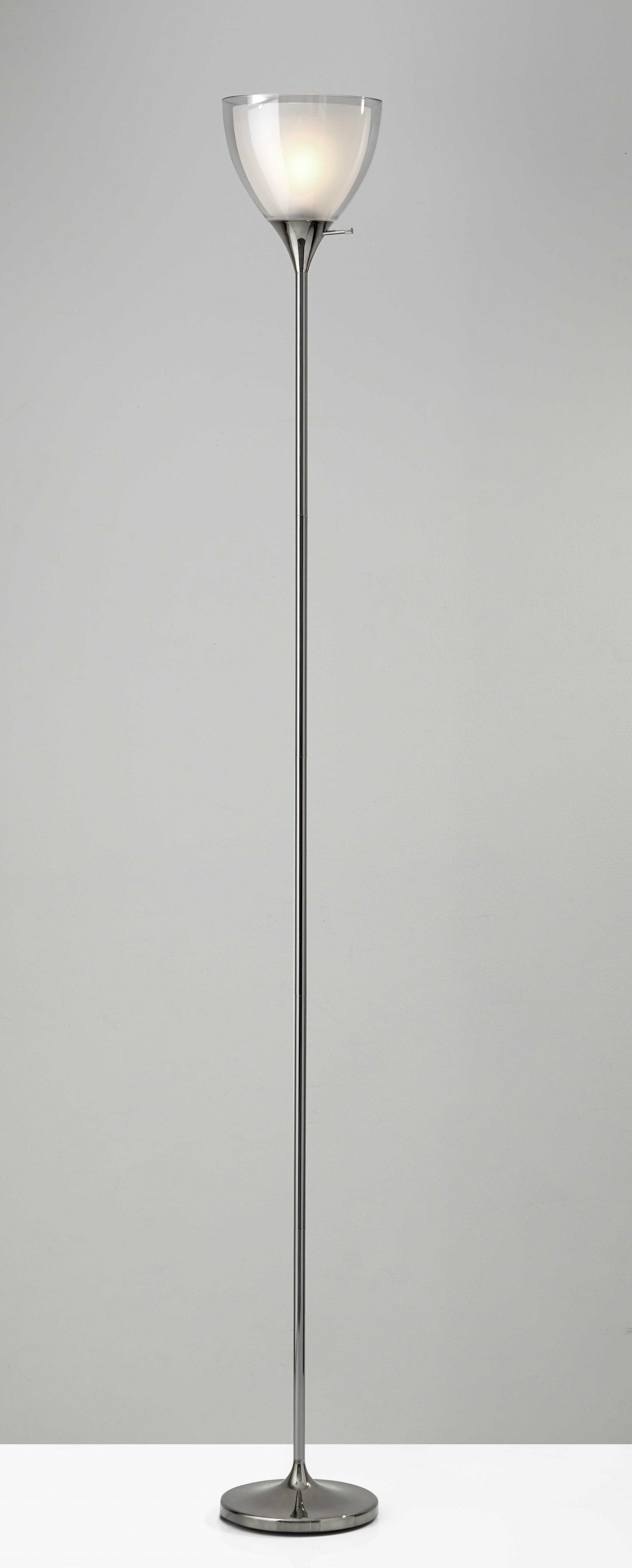 HomeRoots Metal Torchiere Floor Lamp With Frosted Inner Shade in Shiny Chrome Finish