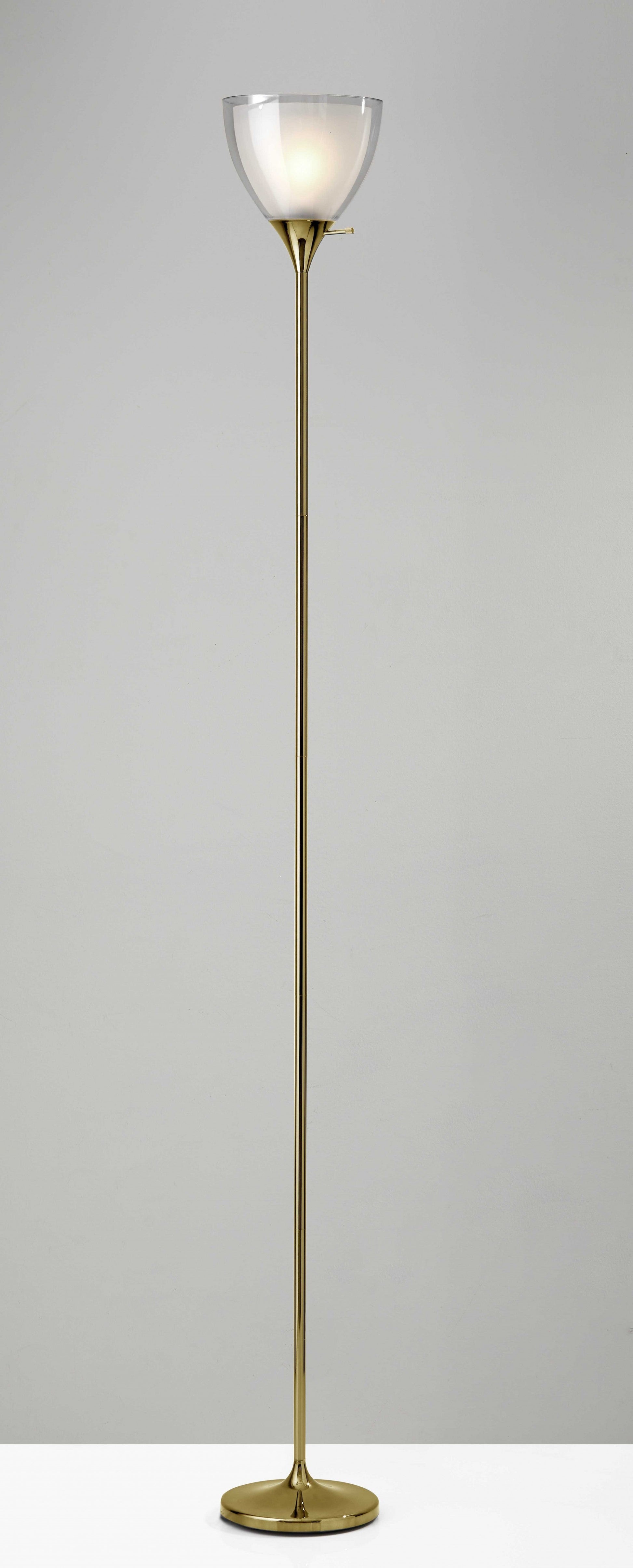 HomeRoots Metal Torchiere Floor Lamp With Frosted Inner Shade in Shiny Gold Finish