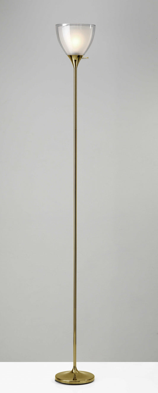 HomeRoots Metal Torchiere Floor Lamp With Frosted Inner Shade in Shiny Gold Finish