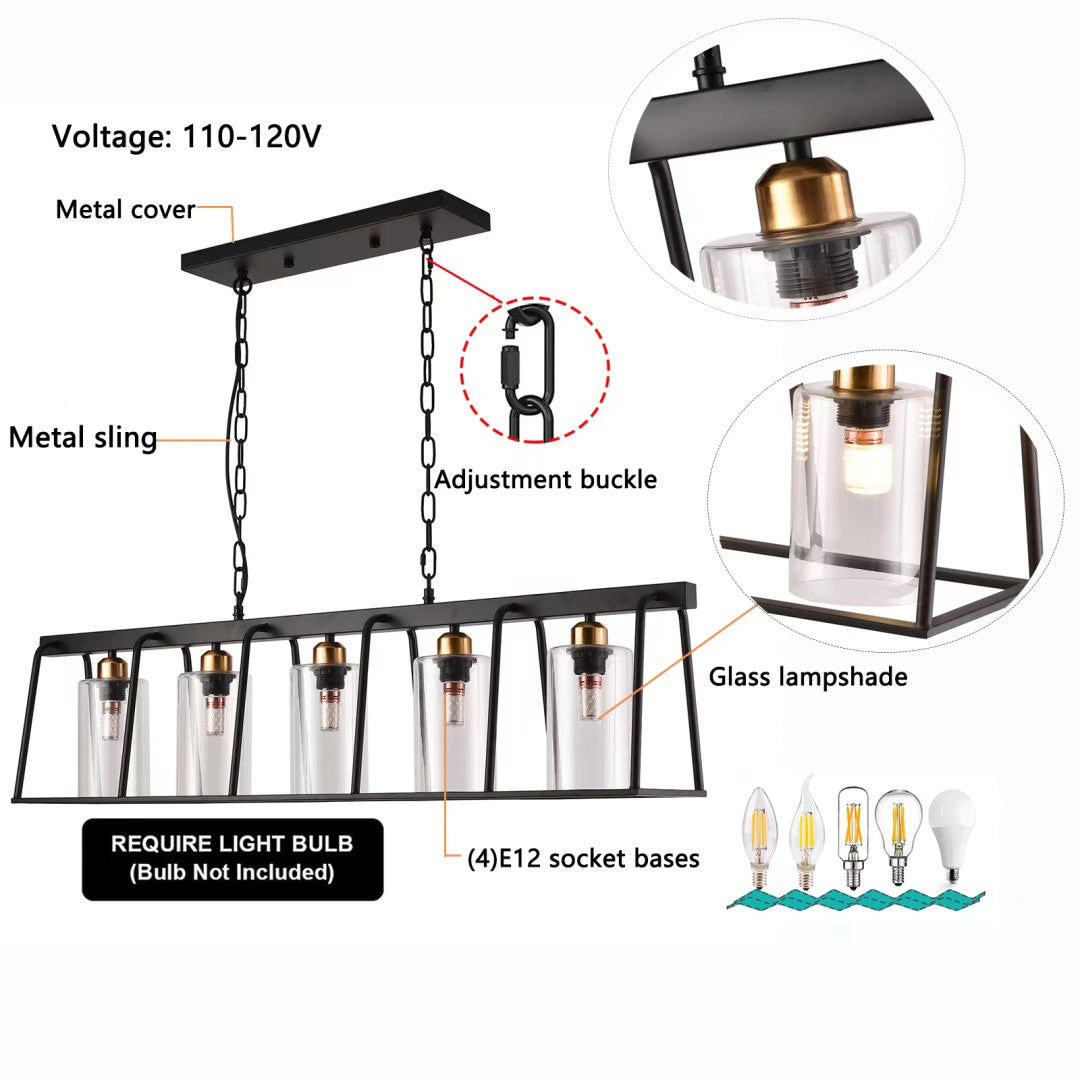 HomeRoots Modern Farmhouse Five Light Hanging Chandelier in Black Finish