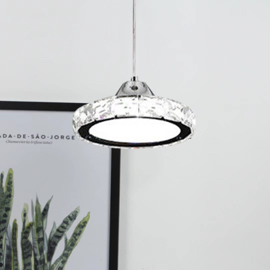 HomeRoots Modern Faux Crystal Compact Ring LED Pendant Lamp With Silver Finish