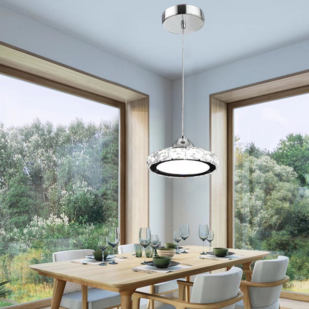 HomeRoots Modern Faux Crystal Compact Ring LED Pendant Lamp With Silver Finish