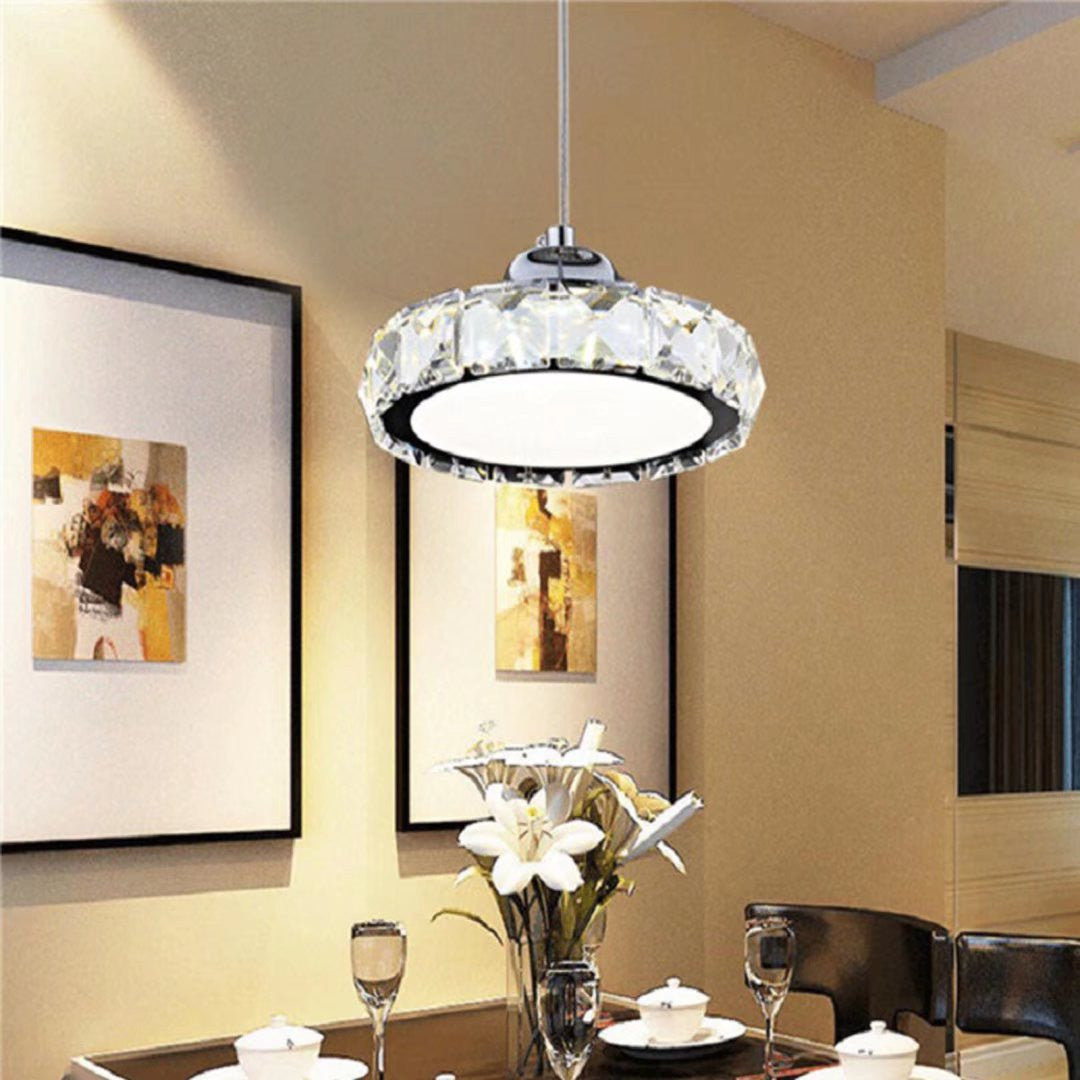 HomeRoots Modern Faux Crystal Compact Ring LED Pendant Lamp With Silver Finish