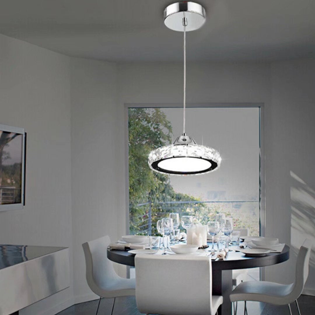 HomeRoots Modern Faux Crystal Compact Ring LED Pendant Lamp With Silver Finish