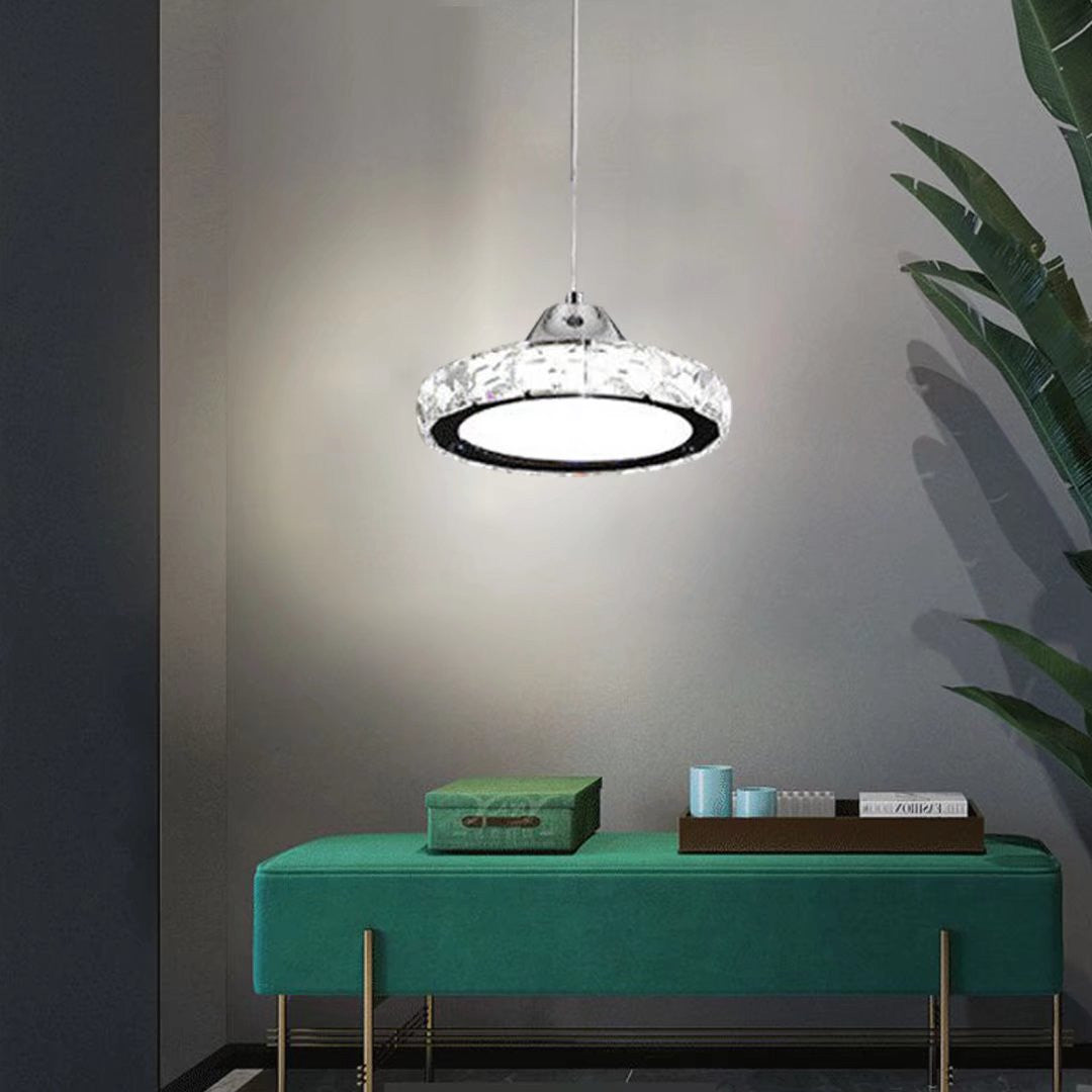 HomeRoots Modern Faux Crystal Compact Ring LED Pendant Lamp With Silver Finish