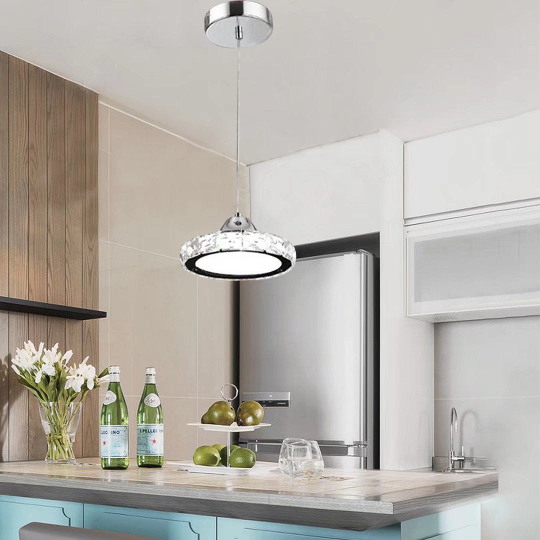 HomeRoots Modern Faux Crystal Compact Ring LED Pendant Lamp With Silver Finish