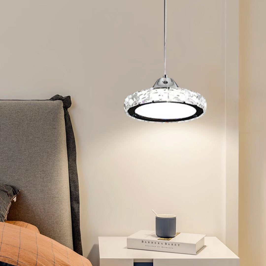 HomeRoots Modern Faux Crystal Compact Ring LED Pendant Lamp With Silver Finish