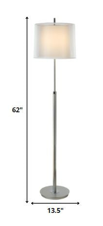 HomeRoots Nimbus 1-Light Floor Lamp With Sheer Snow Double Shantung Shade in Metallic Silver And Polished Chrome Finish