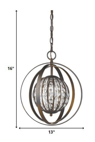 HomeRoots Olivia 1-Light Crystal Globe Pendant in Oil Rubbed Bronze Finish