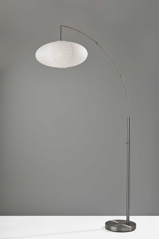 HomeRoots Paper Lantern Floor Lamp With Brushed Steel and Metal Crescent Arm