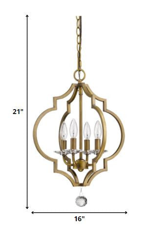 HomeRoots Peyton 4-Light Chandelier With Crystal Accents and Raw Brass Finish