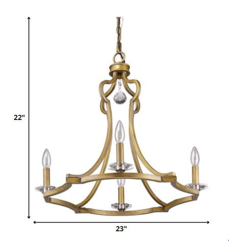 HomeRoots Peyton 4-Light Chandelier in Raw Brass Finish With Crystal Accents