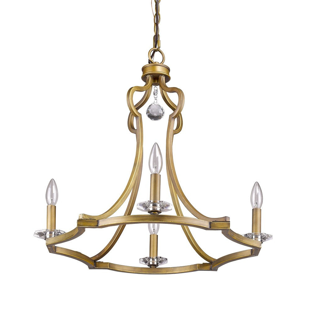 HomeRoots Peyton 4-Light Chandelier in Raw Brass Finish With Crystal Accents