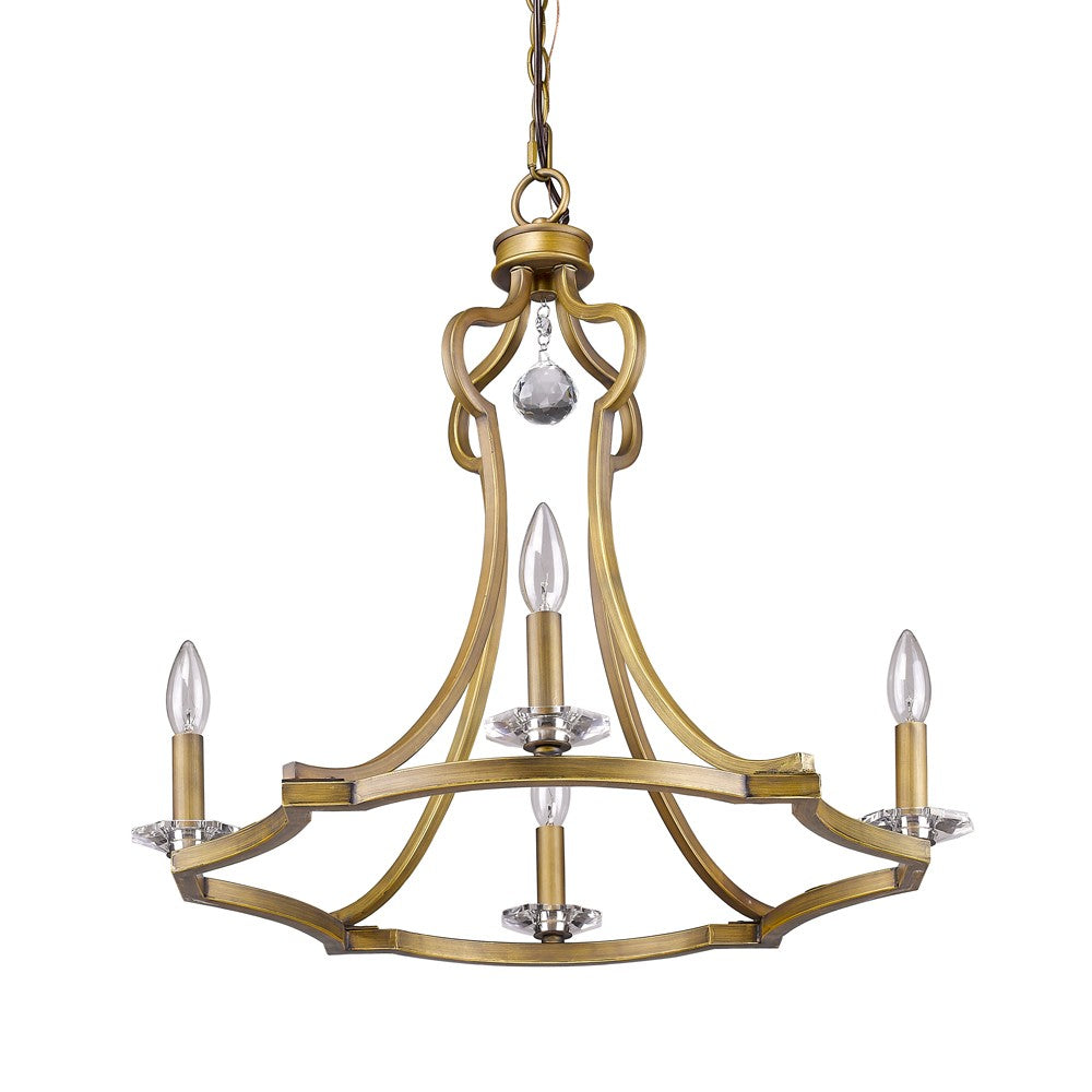 HomeRoots Peyton 4-Light Chandelier in Raw Brass Finish With Crystal Accents