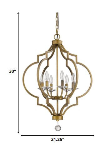 HomeRoots Peyton 6-Light Chandelier With Crystal Accents and Raw Brass Finish
