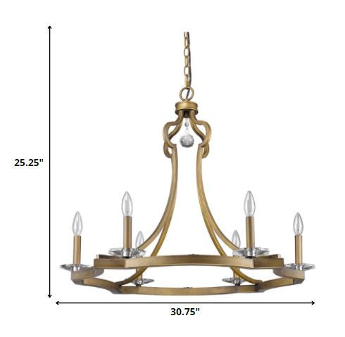 HomeRoots Peyton 6-Light Chandelier With Crystal Accents and Raw Brass Finish