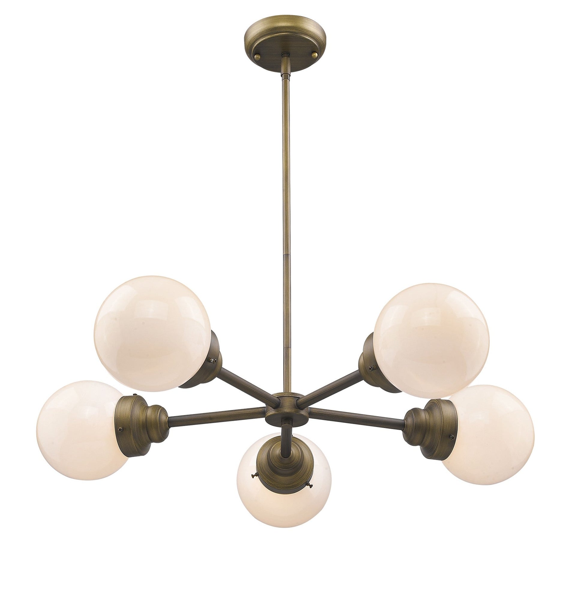 HomeRoots Portsmith 5-Light Chandelier With White Globe Shades and Raw Brass Finish