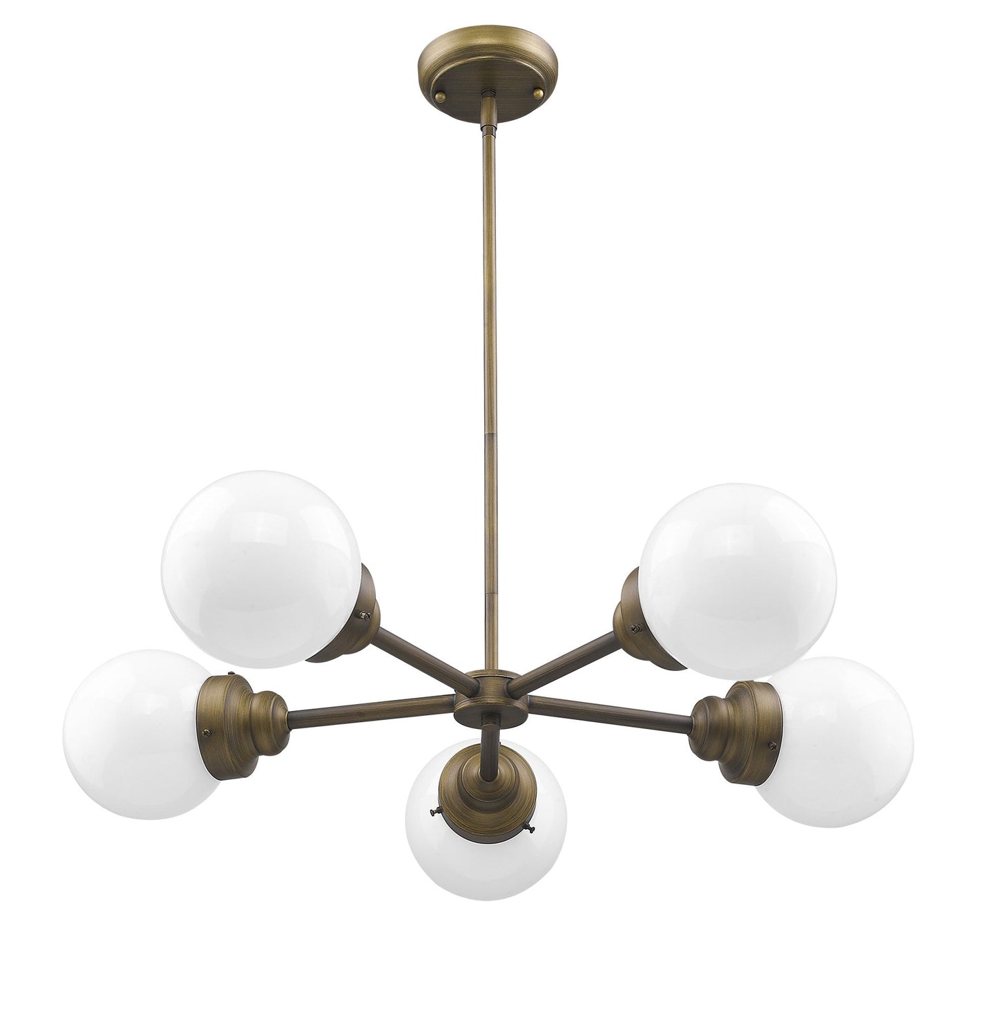 HomeRoots Portsmith 5-Light Chandelier With White Globe Shades and Raw Brass Finish