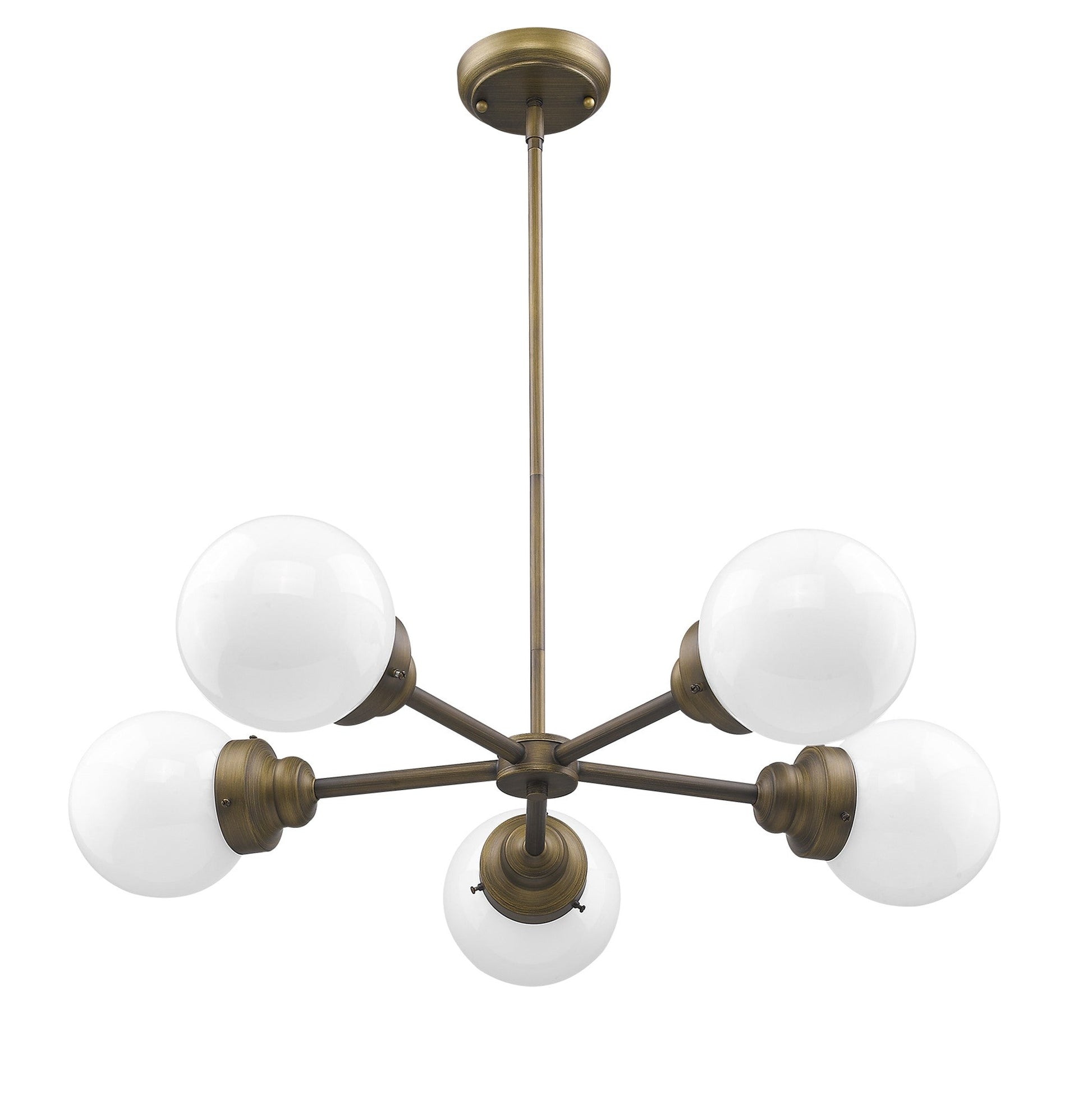 HomeRoots Portsmith 5-Light Chandelier With White Globe Shades and Raw Brass Finish