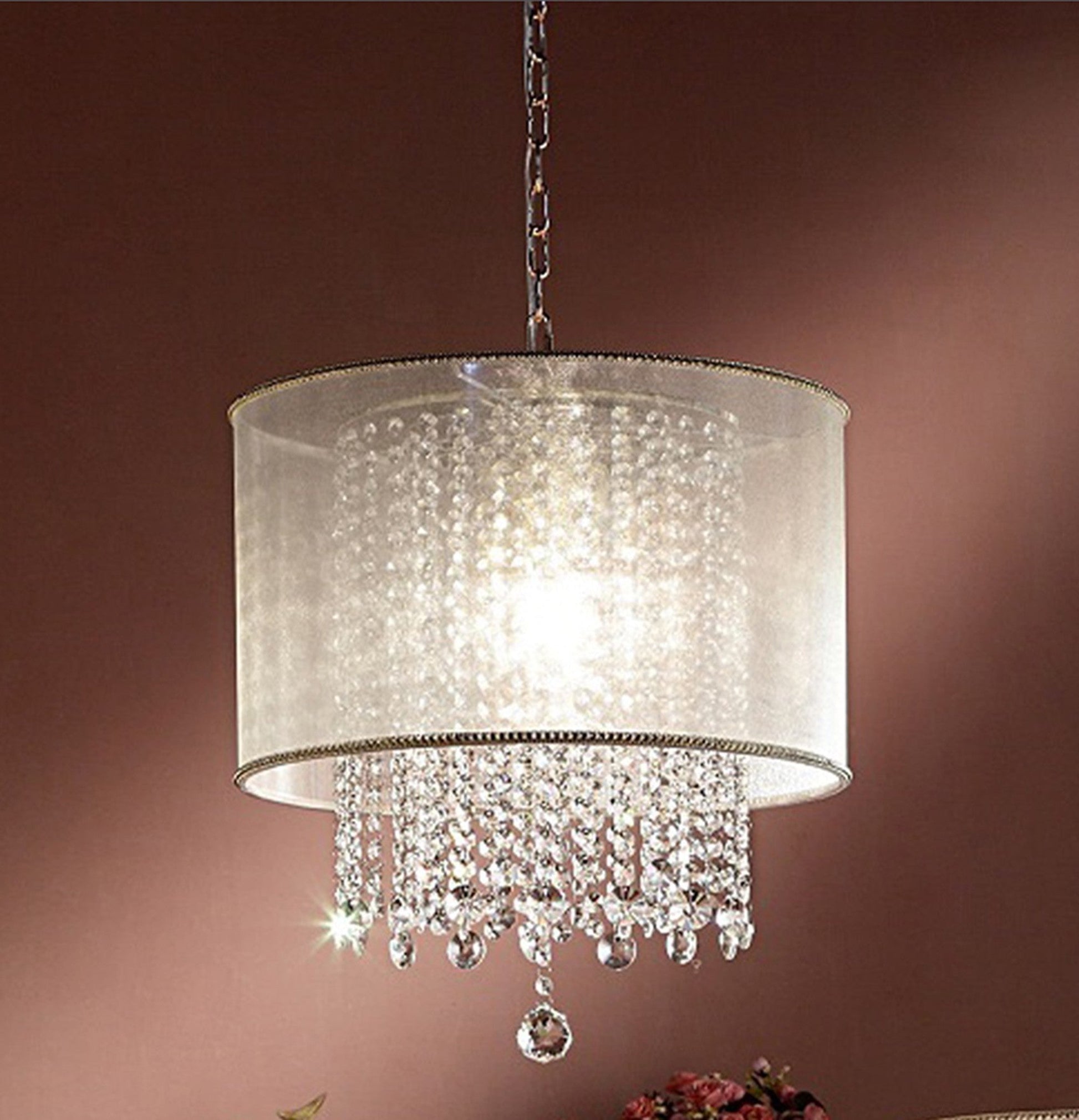 HomeRoots Primo Gold Finish Ceiling Lamp With Crystal Accents and White Shade