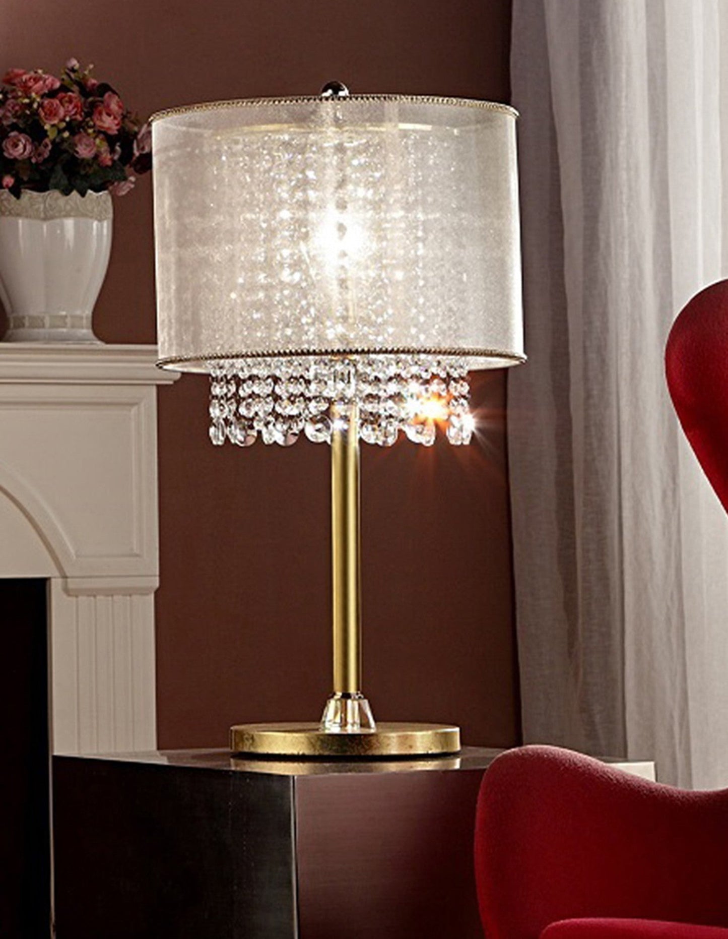 HomeRoots Primo Table Lamp With Crystal Accents And White Shade in Gold Finish