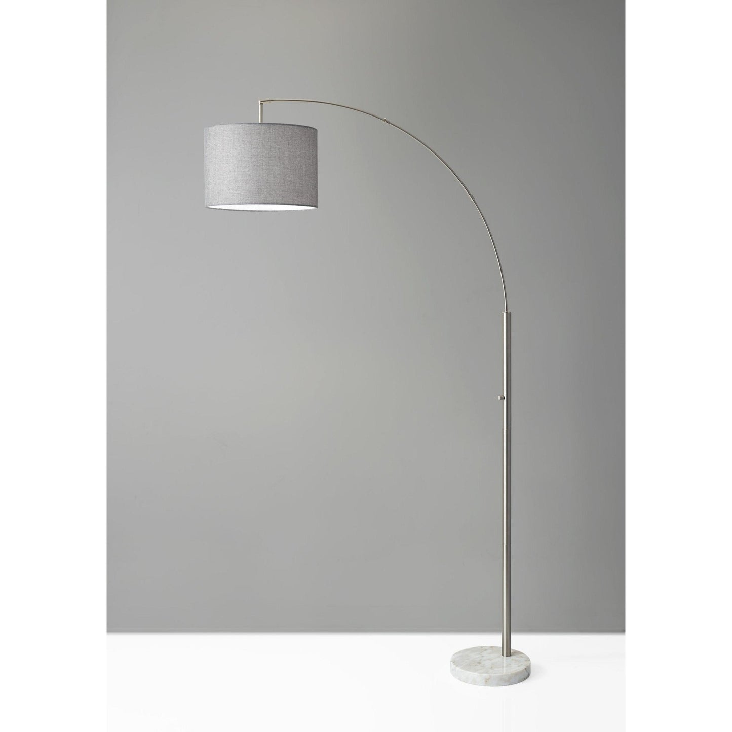 HomeRoots Reading Nook Floor Lamp With Adjustable Arc Arm And Grey Fabric Shade in Brushed Steel Finish