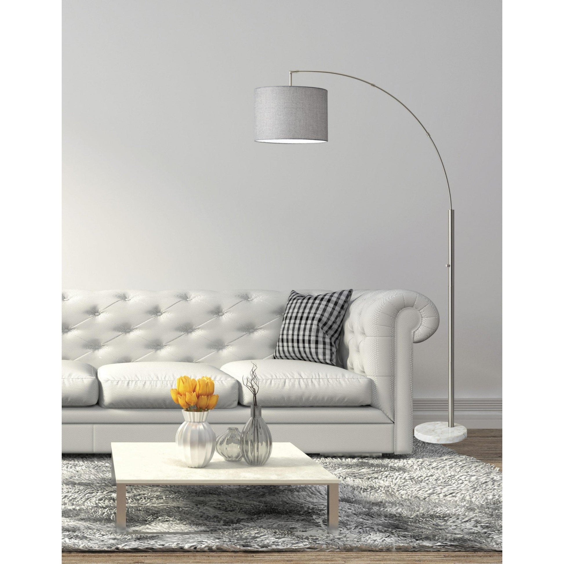 HomeRoots Reading Nook Floor Lamp With Adjustable Arc Arm And Grey Fabric Shade in Brushed Steel Finish