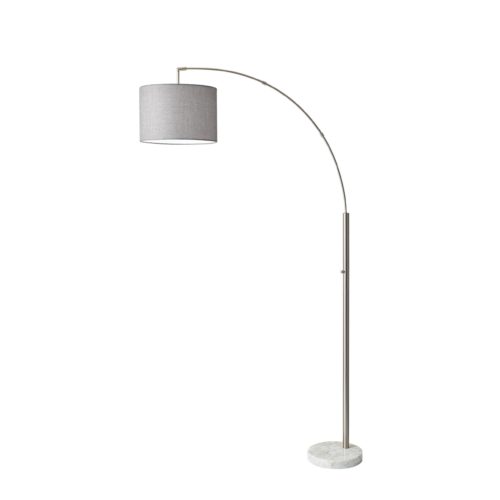 HomeRoots Reading Nook Floor Lamp With Adjustable Arc Arm And Grey Fabric Shade in Brushed Steel Finish