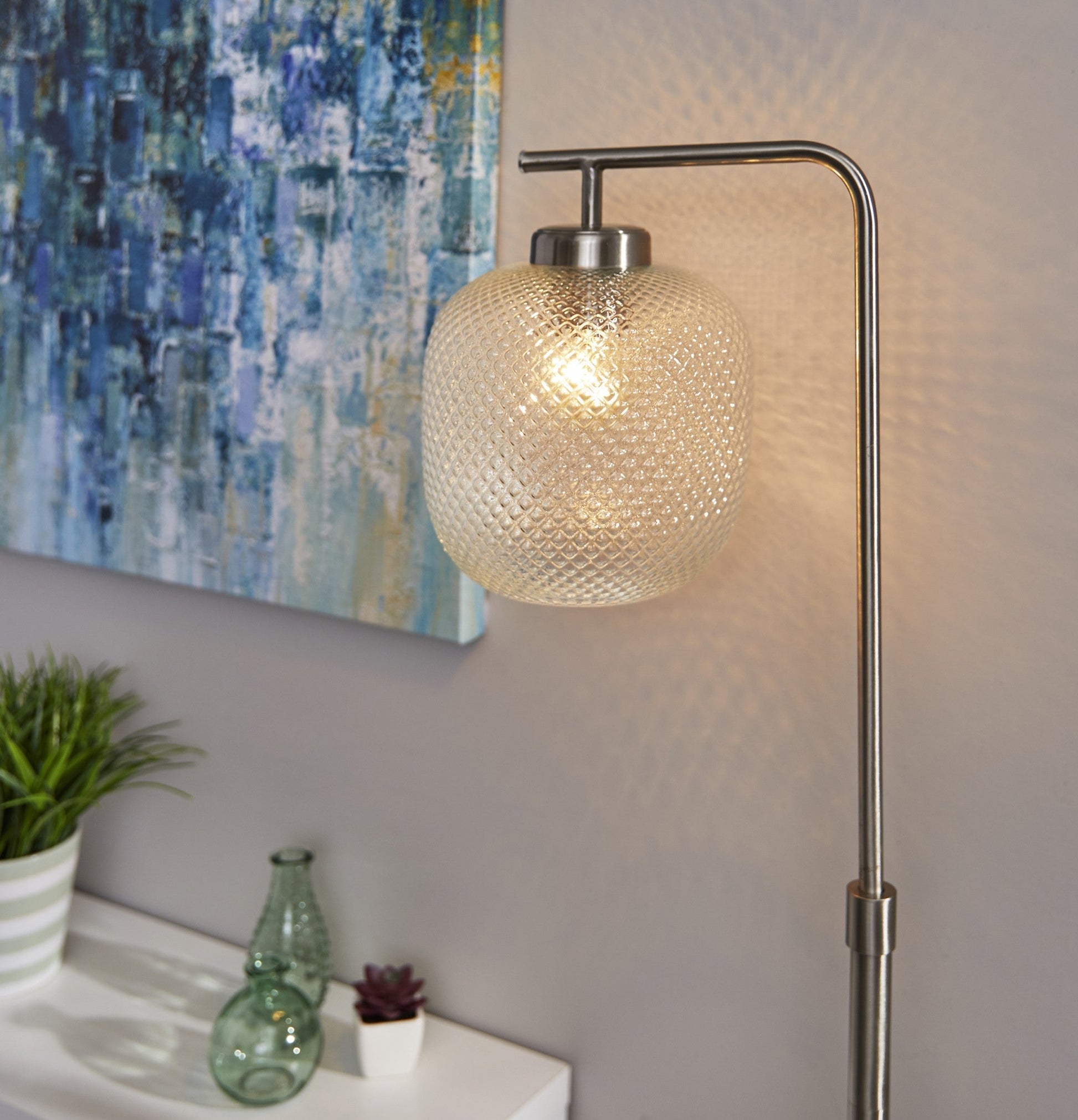 HomeRoots Retro Floor Lamp With Clear Dotty Glass Shade and Brushed Steel Metal Finish