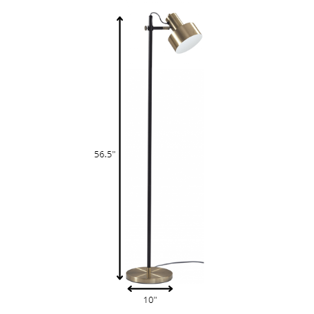 HomeRoots Retro Floor Lamp with Matte Black Pole and Adjustable Jumbo Antique Brass Metal Shade