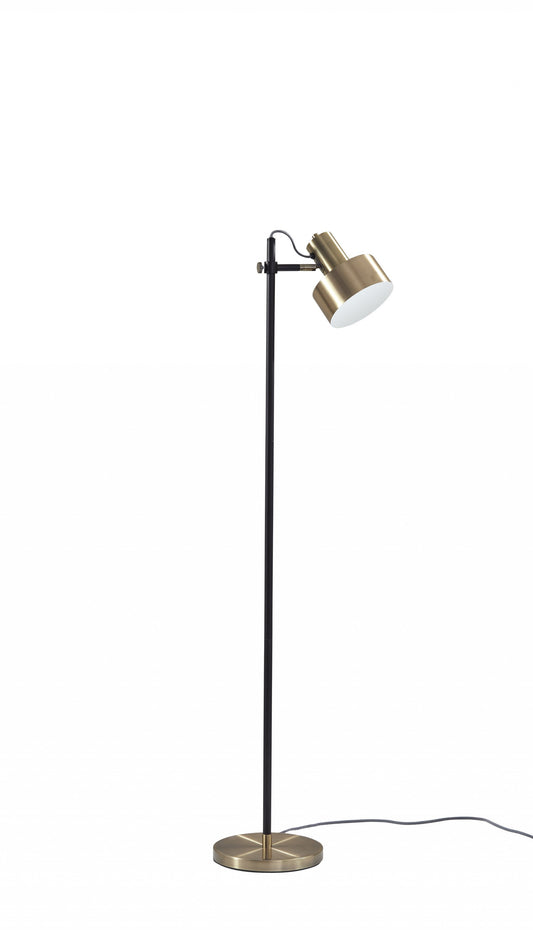 HomeRoots Retro Floor Lamp with Matte Black Pole and Adjustable Jumbo Antique Brass Metal Shade