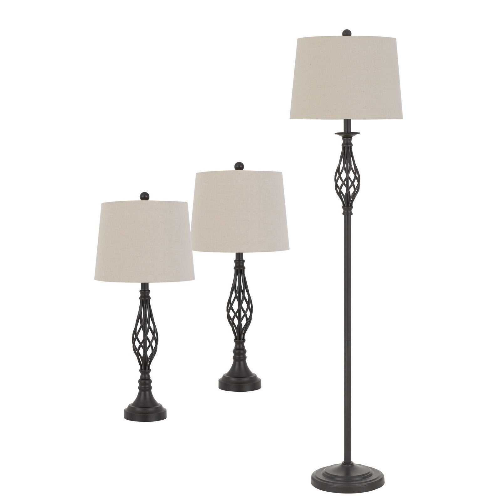 HomeRoots Retro Metal Floor and Table Lamp Set With Off White Shades in Set of Three