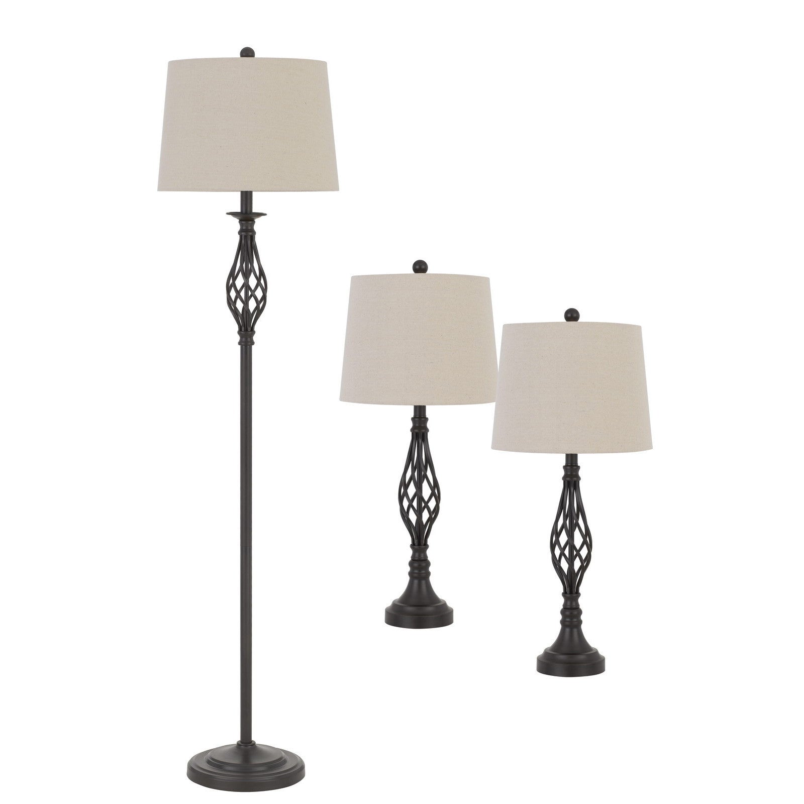 HomeRoots Retro Metal Floor and Table Lamp Set With Off White Shades in Set of Three