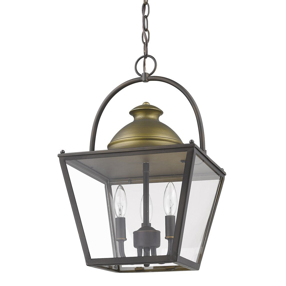 HomeRoots Savannah 3-Light Foyer Pendant With Raw Brass Accents And Clear Glass Panes in Oil-Rubbed Bronze Finish